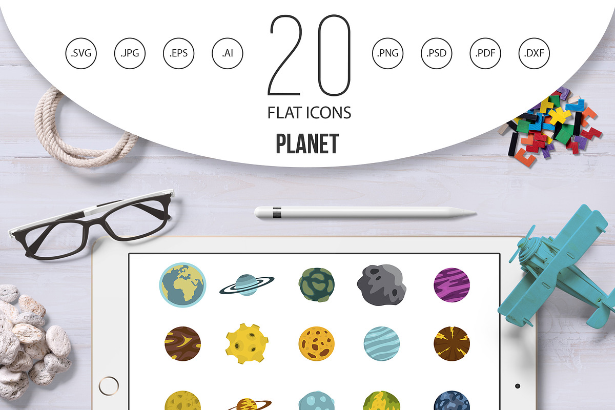 Planet icon set, flat style, an Icon by Ylivdesign