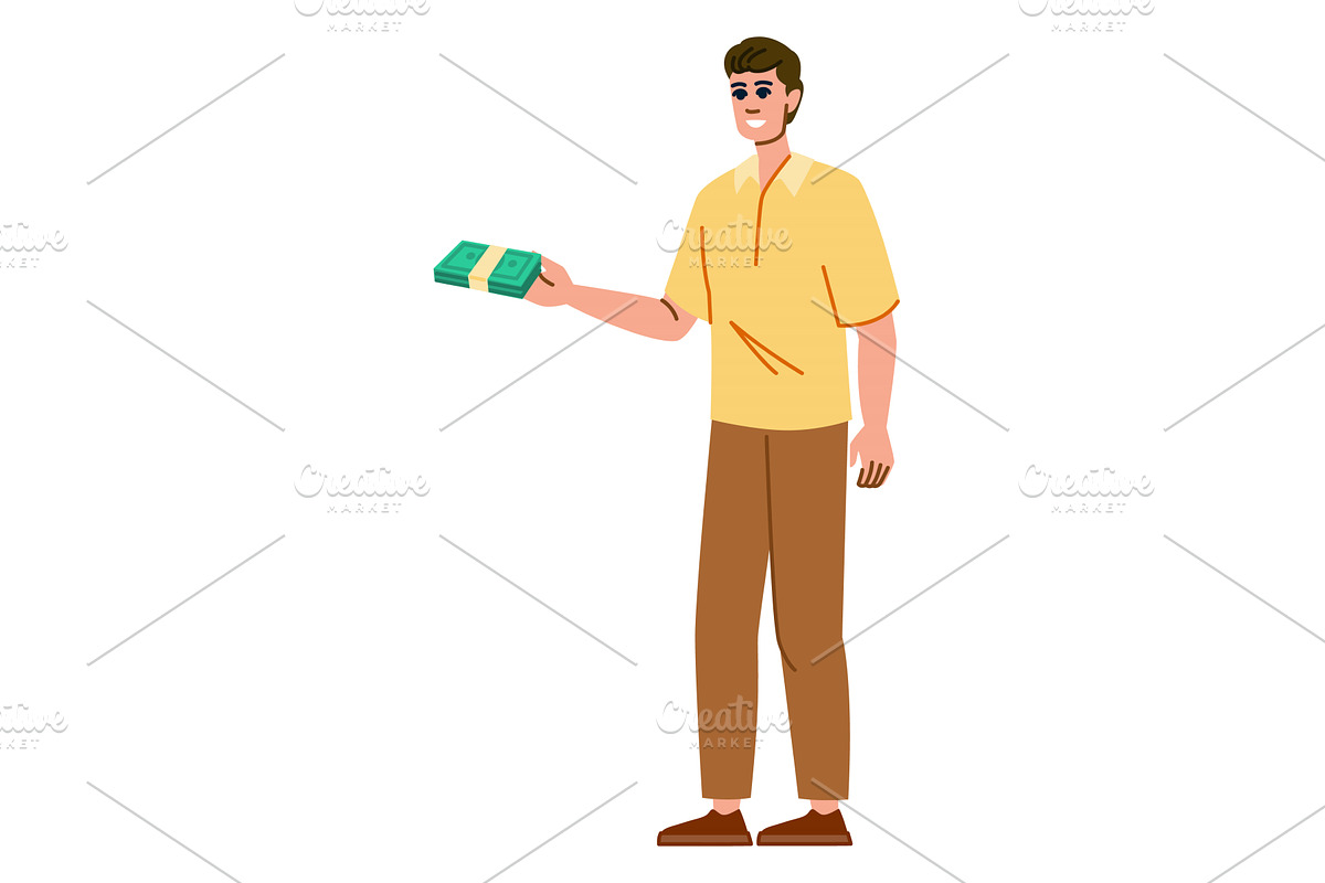 Smiling man holding and giving money, a Finance Illustration by pikepicture