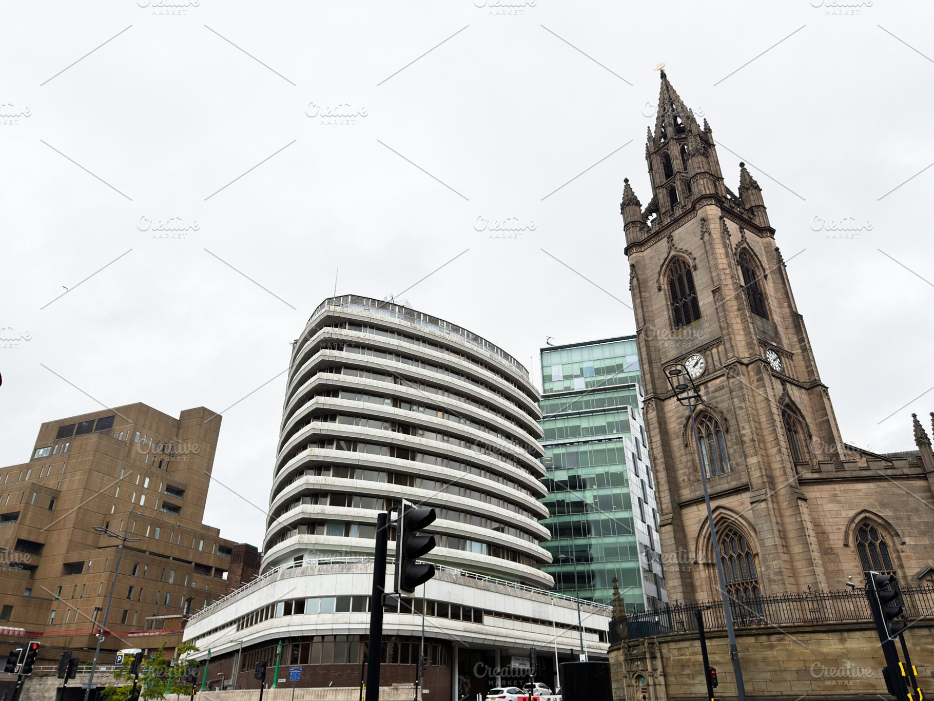 Contrast between historic church tower and modern office buildin, a Photo by AS photostudio