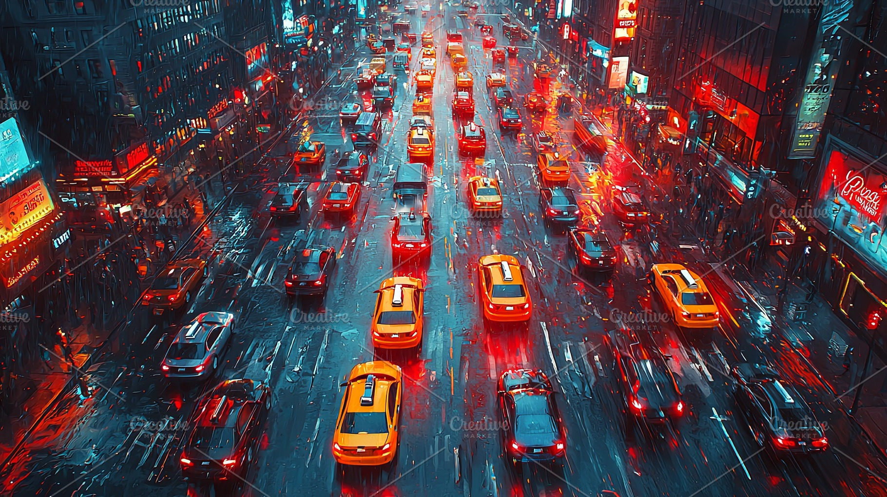 Nighttime city traffic with vibrant lights and reflections on wet streets, a Photo by AS photostudio