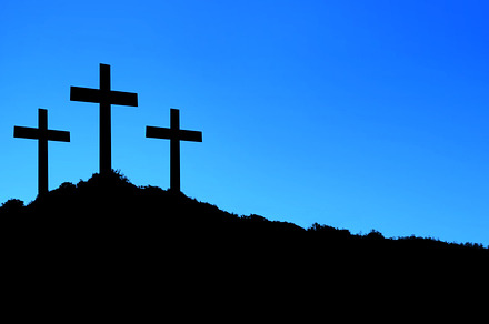Three crosses on hill and blue sky, an Abstract Photo by Davizro's Market