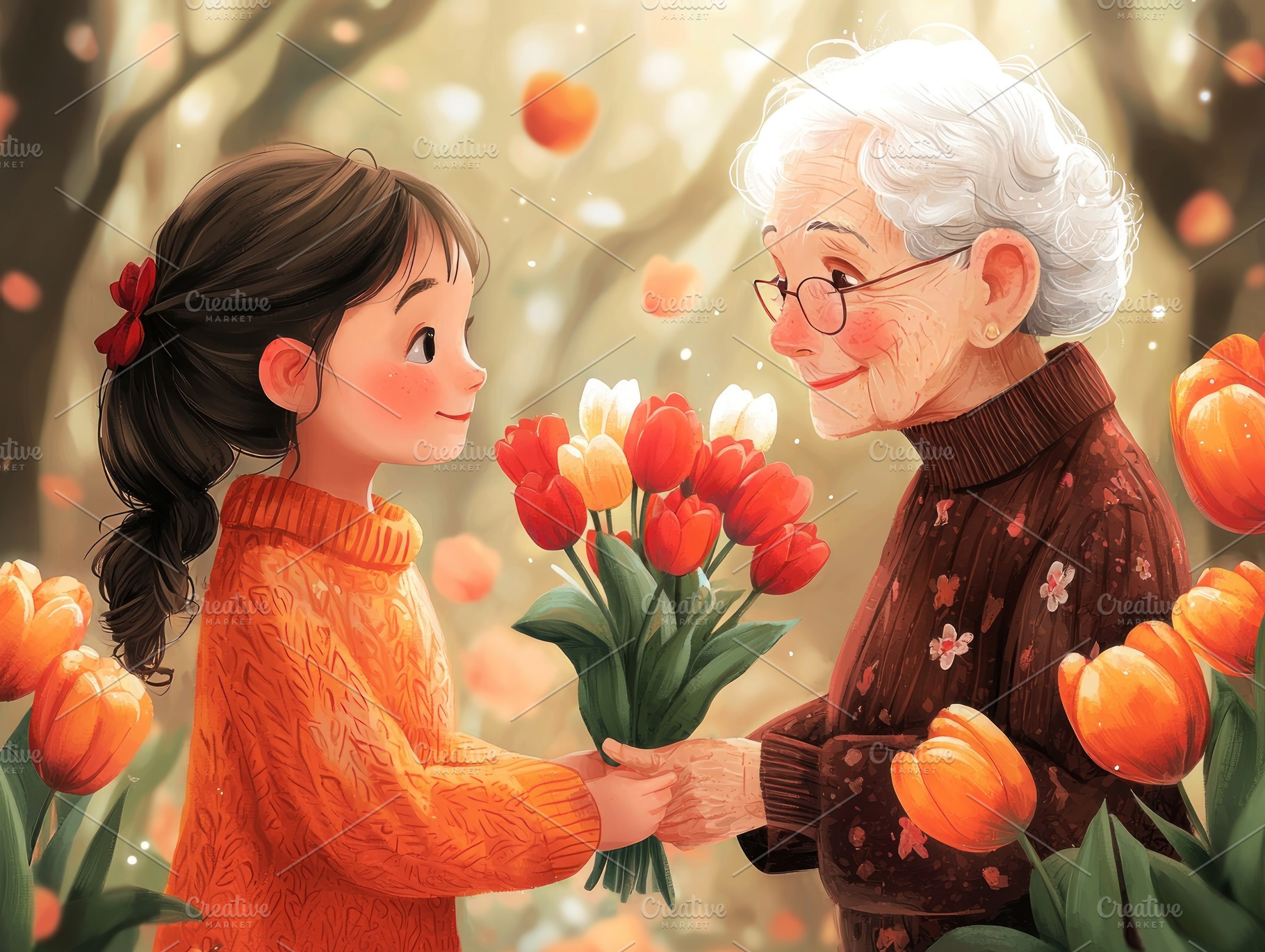 Young girl giving bouquet of colorful tulips to smiling grandmot, a Person Photo by José Manuel Gelpi
