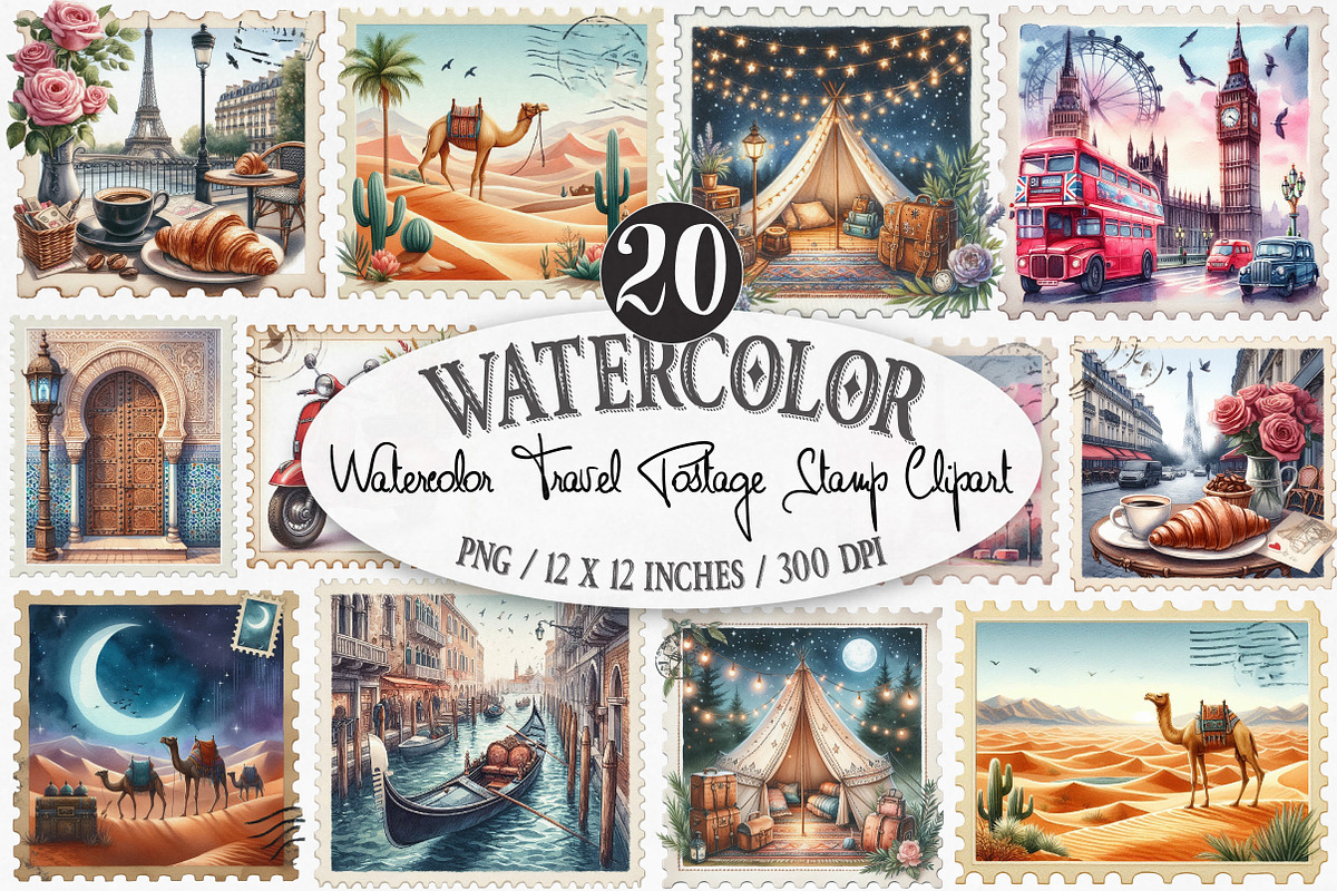 Watercolor Travel Postage Stamp PNG, an Illustration by Designking (Photo 1 of 4)