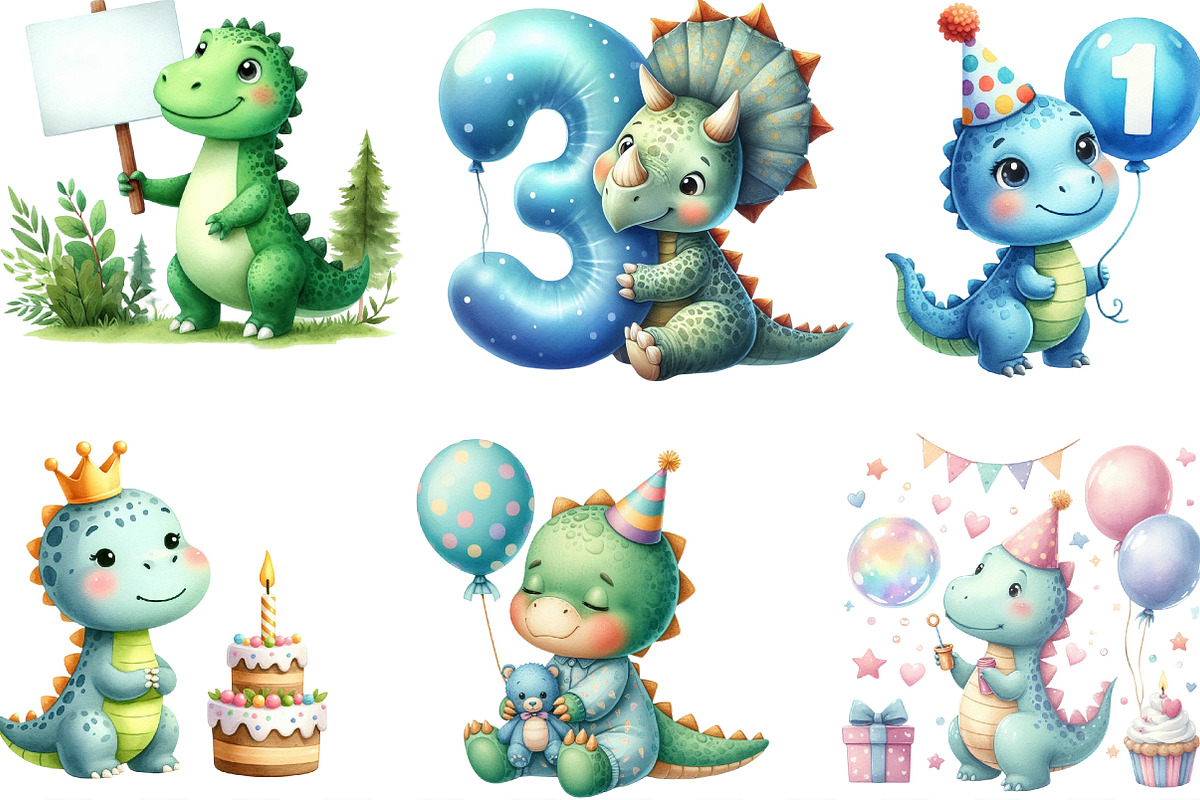 Cute Birthday Dinosaurs Clipart, an Illustration by Designking (Photo 2 of 4)