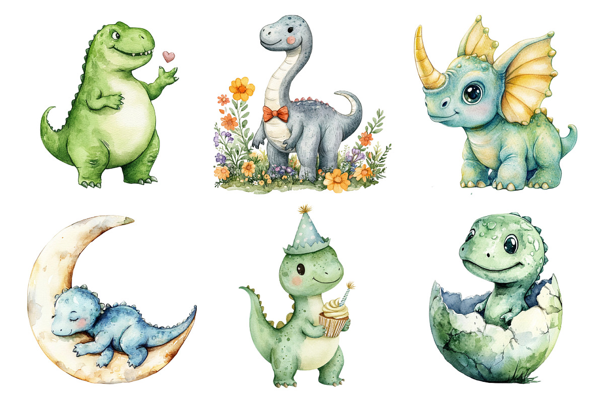 Cute Dinosaur Watercolor Clipart, an Illustration by Daily.Designs (Photo 4 of 5)