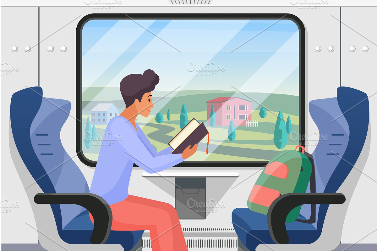 Passenger traveling in modern train, an Education Illustration by Lemberg Vector