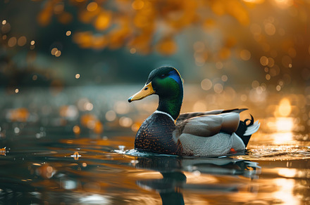 Duck swimming into the pond on sunset background, an Animal Photo by AlyaAnd
