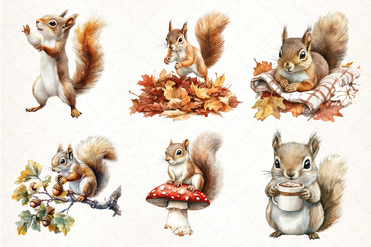 Watercolor Autumn Squirrel Clipart, an Illustration by Pixels.Craft (Photo 3 of 7)