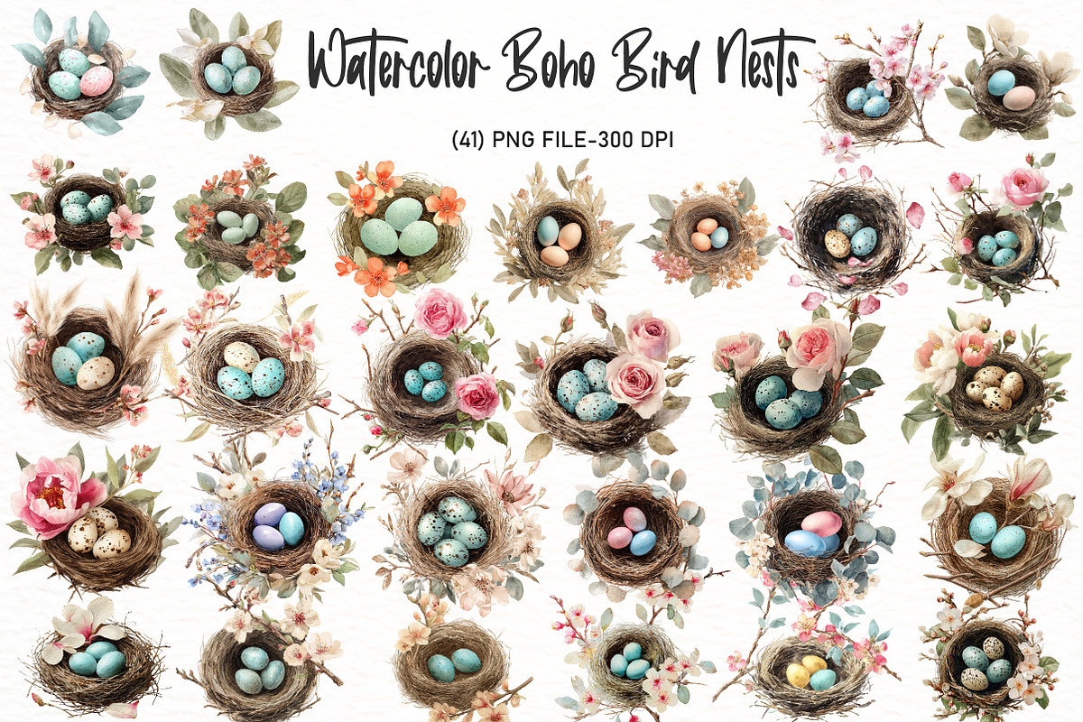 Watercolor Boho Bird Nests Clipart, an Illustration by Designworld (Photo 1 of 5)