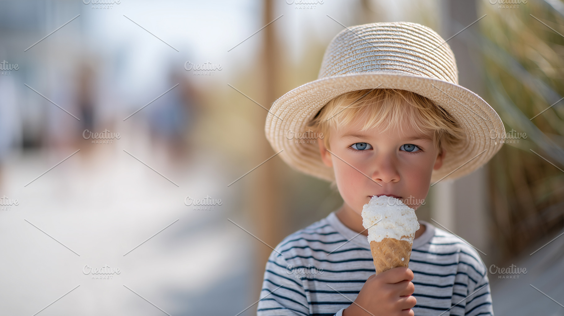 Little boy in a straw hat and shirt, a Food & Drink Photo by MistyDay