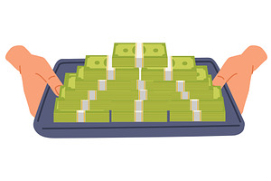 Hands holding tray with bundles of, a Finance Illustration by Vectorbuum