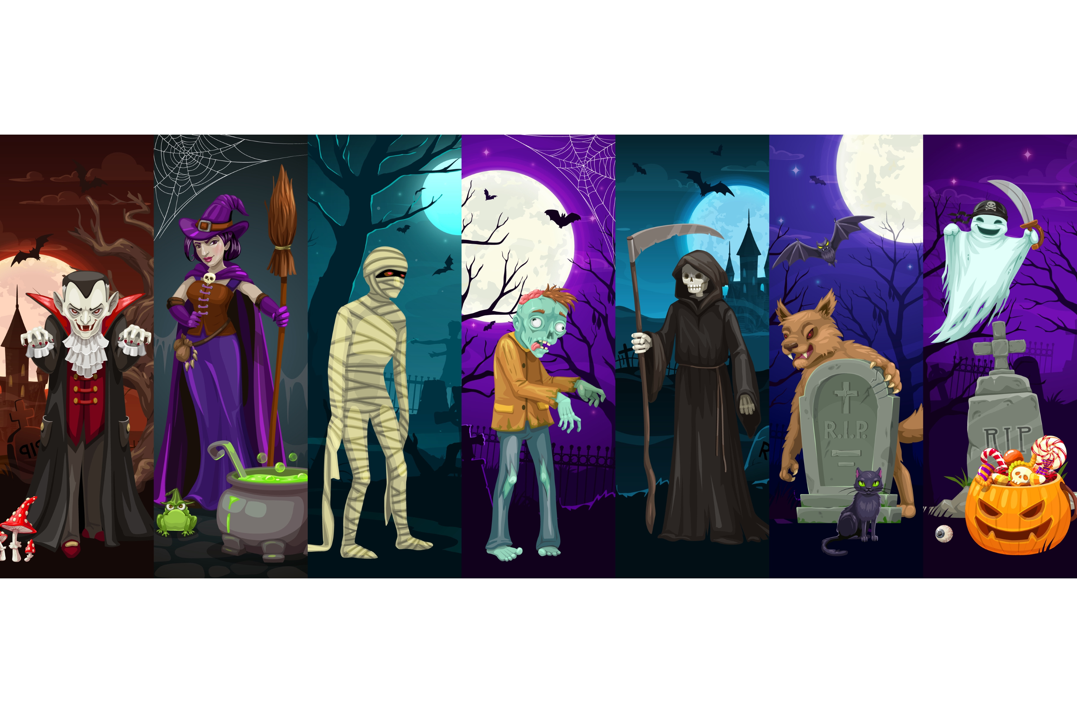 Halloween scary characters, collage, an Illustration by Vector Tradition
