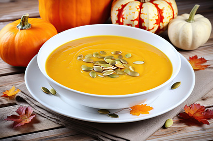 Pumpkin soup in plate with orange pumpkins and dry leaves on wooden background, a Food & Drink Photo by AlyaAnd