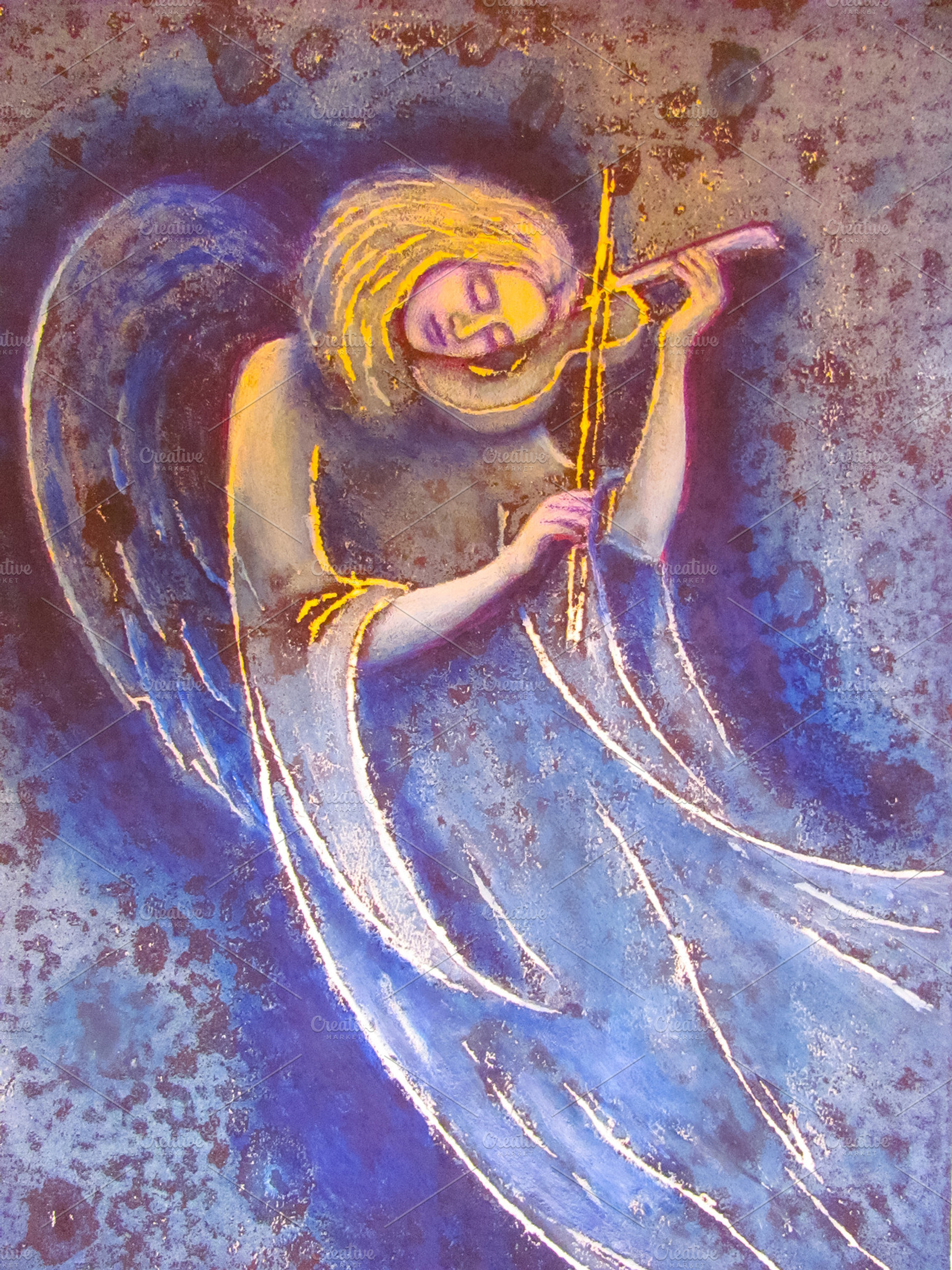 The girl an angel plays a soul melody on a violin. The image of an angel on is violet a blue background, an Arts & Entertainment Photo by ELEONIMAGES