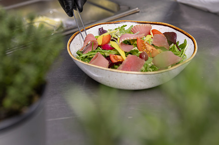 Professional chef carefully preparing a gourmet salad, a Photo by Grafvision photography