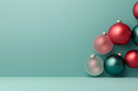 Christmas red and green matte ornaments on teal green background, a Photo by Dvoevnore photos