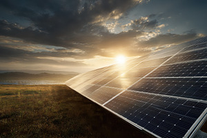 Solar panels at sunset clean energy, a Photo by Pixeness Studio