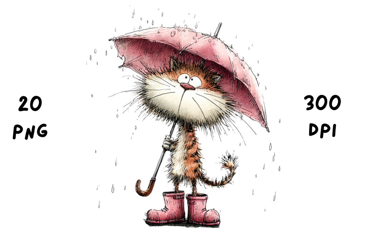 Whimsical Funny Rainy Cat Clipart, an Animal Illustration by GiraffeCreative (Photo 11 of 20)