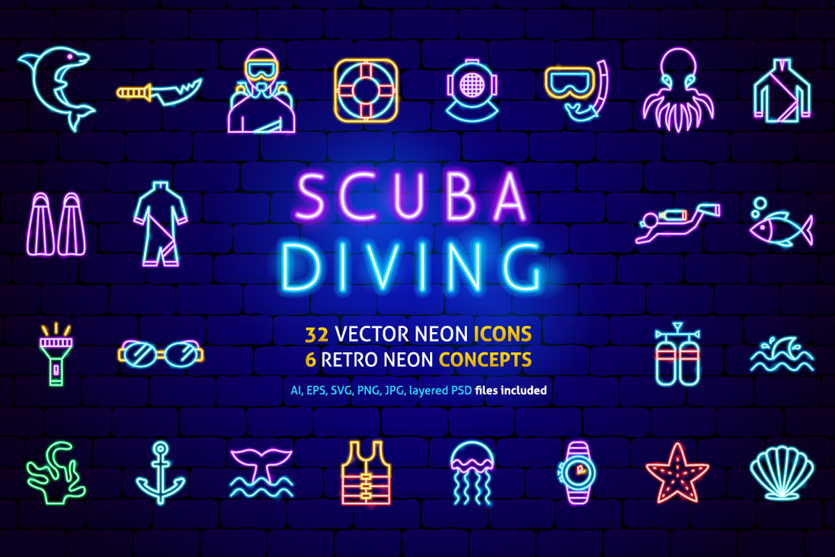Scuba Diving Neon Vector Icons, an Outline Icon by Anna_leni (Photo 1 of 9)