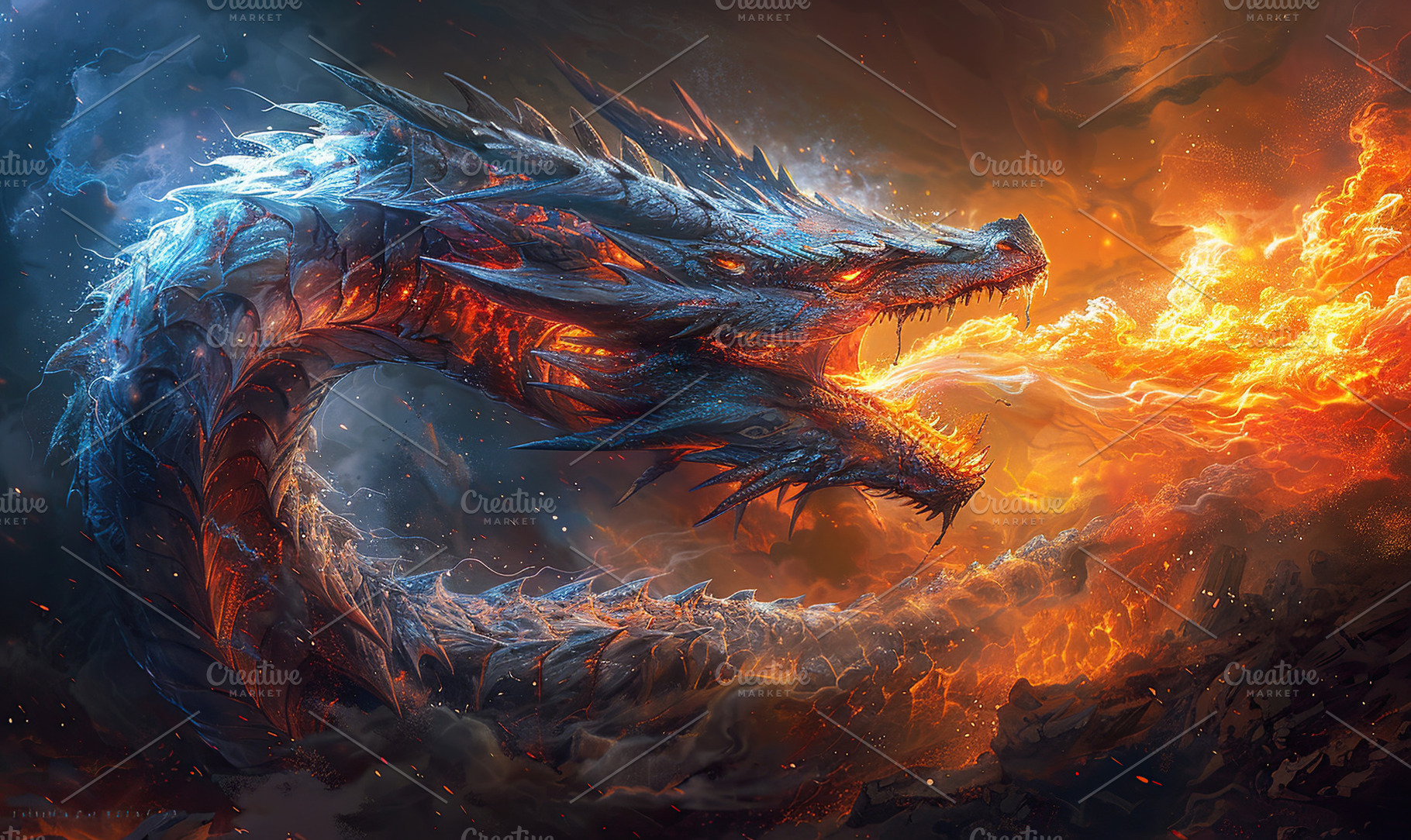 An epic dragon spreads its wings sur, a Photo by LOGOCREATIVE