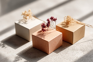Arrangement of three stylish boxes decorated with dried flowers on a textured s, a Photo by AlyaAnd