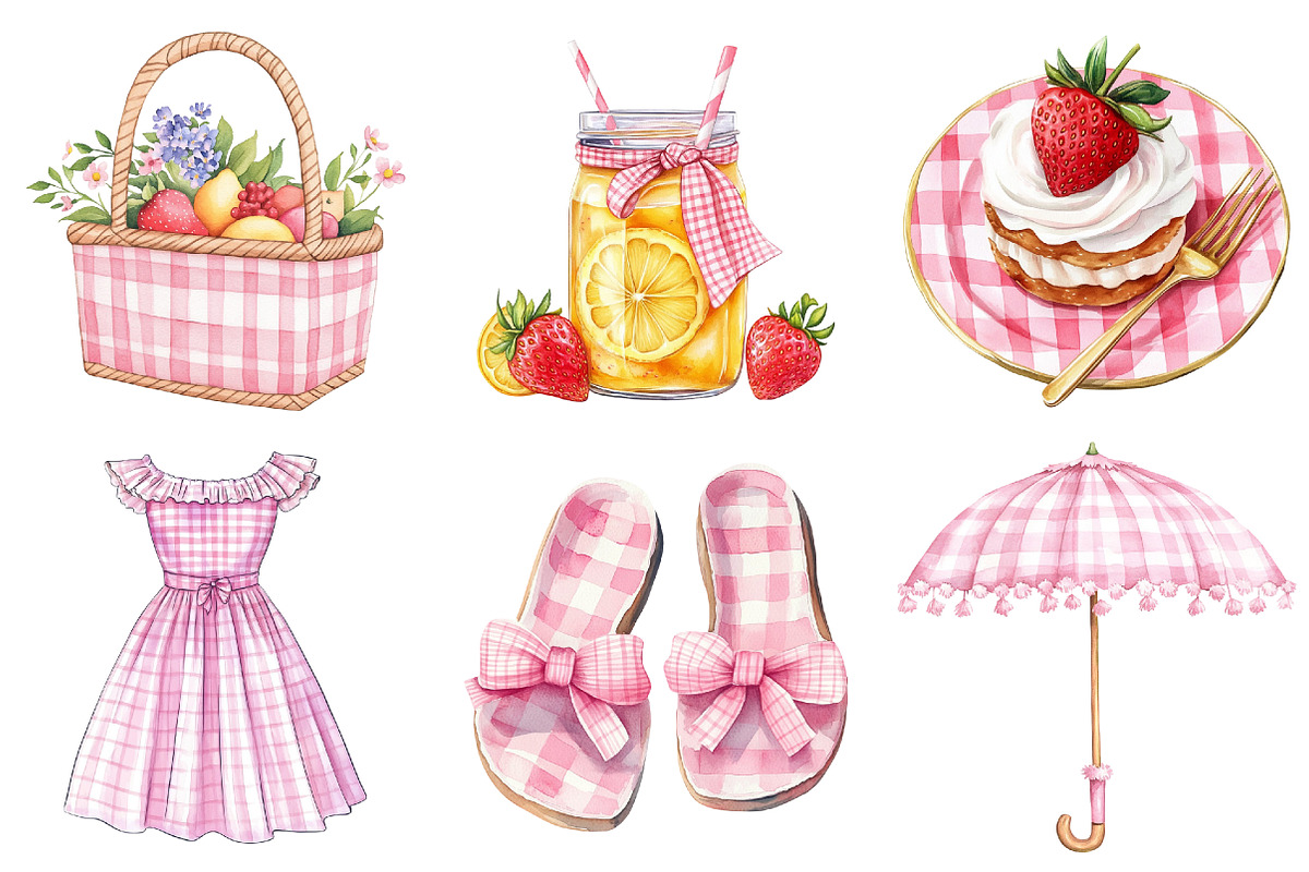 Bohemian Pink Gingham Summer Clipart, an Illustration by Watercolor design (Photo 5 of 5)