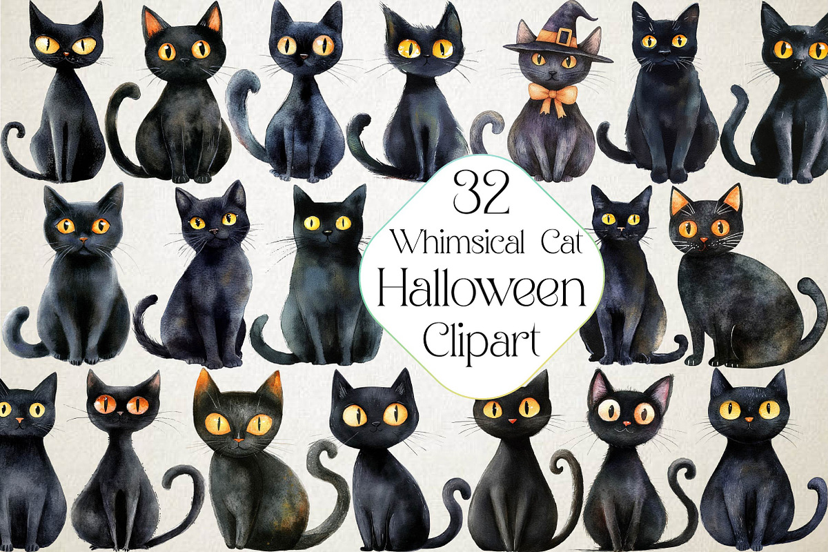 Halloween Whimsical Black Cat Clipar, an Illustration by DreamPrint404 (Photo 1 of 5)
