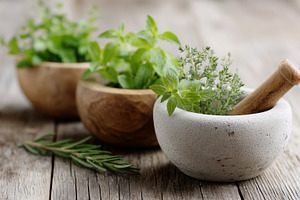 Fresh green herbs in bowls, a Food & Drink Photo by MistyDay