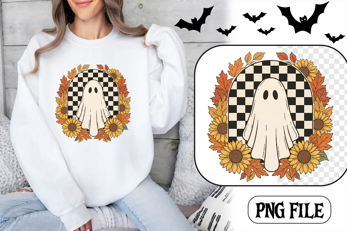 Retro Fall Sunflowers Ghost PNG, a Seasonal Illustration by CrexoraLab (Photo 1 of 4)