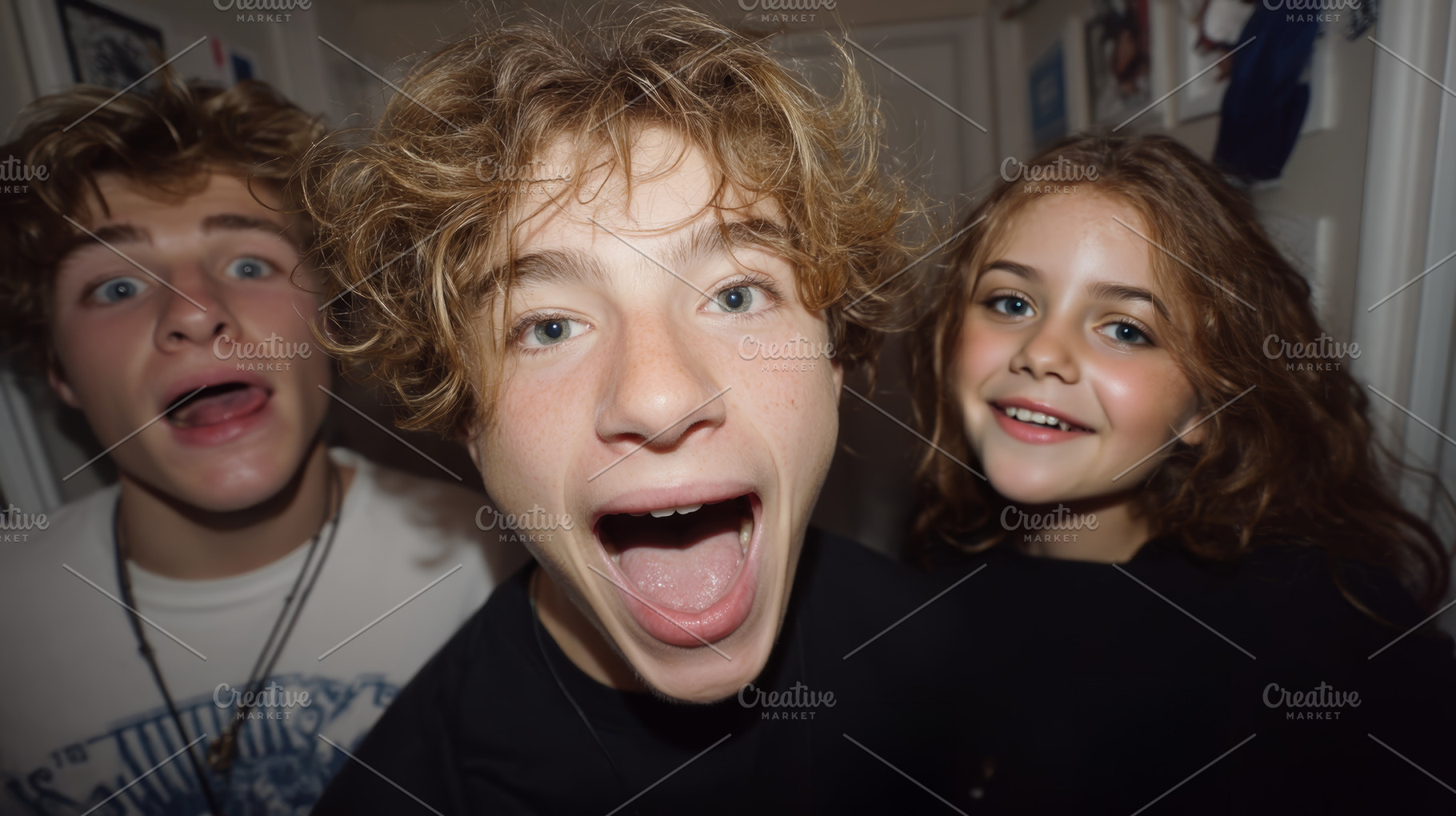Three friends laugh and pose excitedly in a close up group photo, a Photo by AS photostudio
