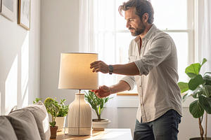 Home decorator arranging lamp in a lived in living room, a Person Photo by DanFLCreativo