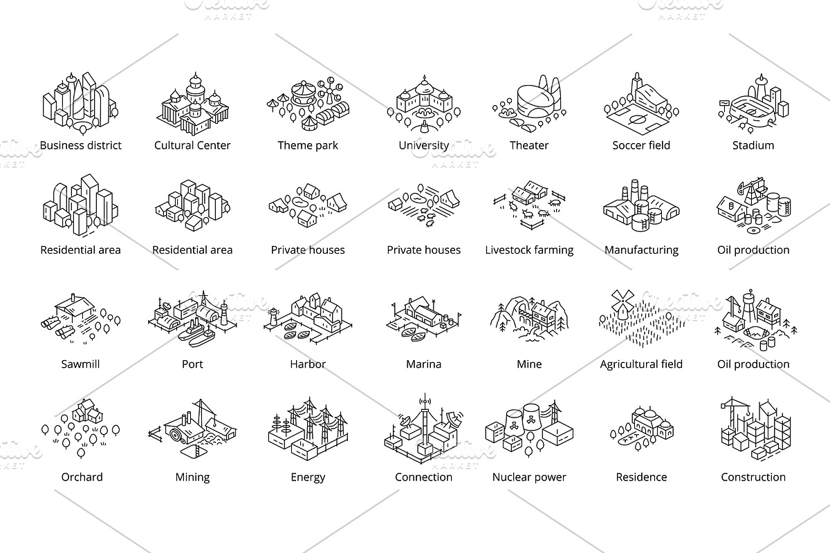 Set of Icons With Isometric City, an Illustration by Ilia Design