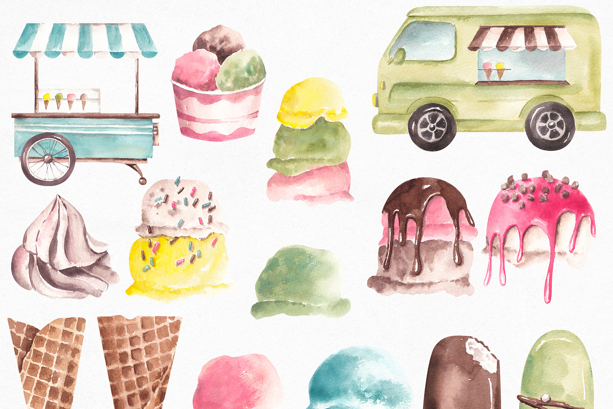 Watercolor Ice Cream Collection, a Food Illustration by YuliyaArtGarden (Photo 2 of 11)