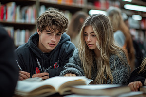 Young students studying together at, a Photo by Tanuart