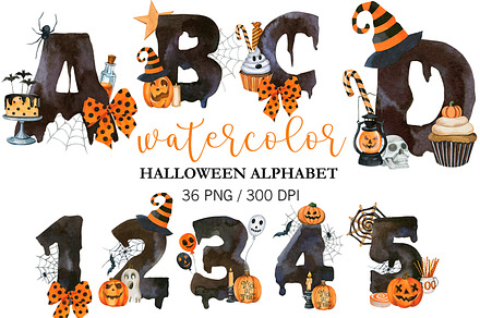 Watercolor Halloween Alphabet PNG, an Object Illustration by PatternPalette