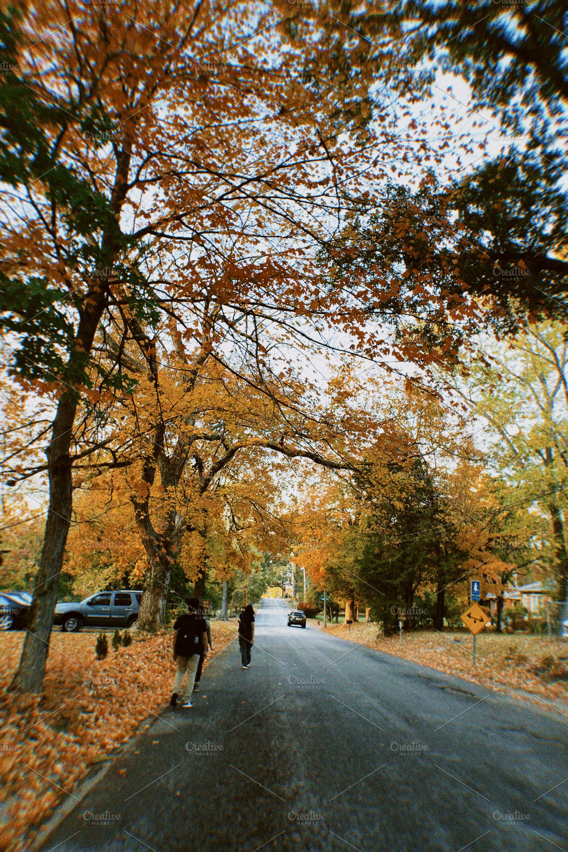 Autumn street scene with fall colors, leaves on the road, and people walking in, a Photo by AS photostudio