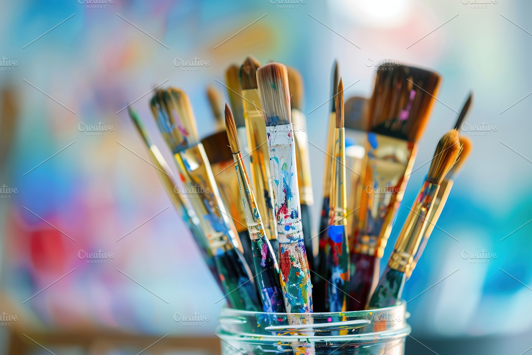 Used paintbrushes in a glass jar, an Arts & Entertainment Photo by AlyaAnd