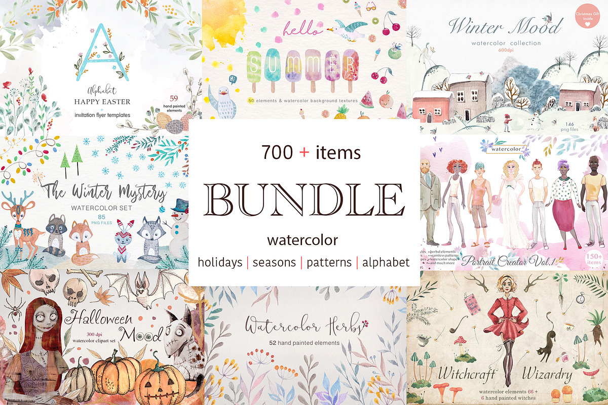 Watercolor Bundle + Font, a Seasonal Illustration by Flo Sacred Art (Photo 1 of 25)