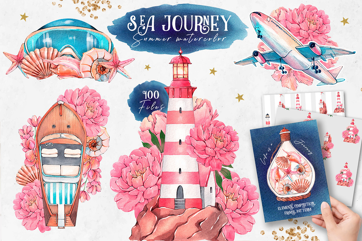 Sea journey. Summer watercolor set, an Object Illustration by VerAna (Photo 1 of 19)