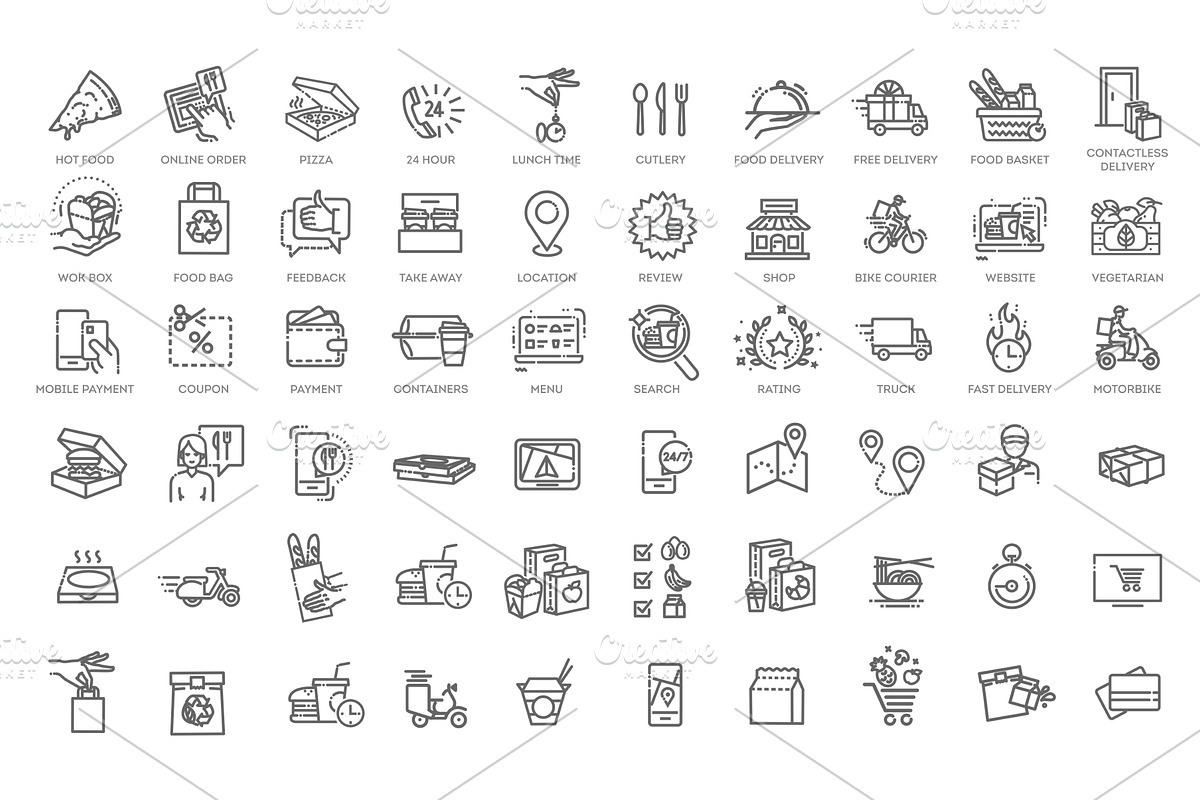 Food Delivery - thin line web icons, an Outline Icon by Tettygreen (Photo 1 of 2)