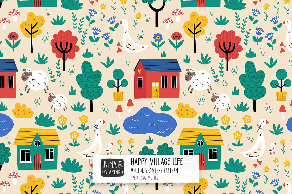 Cute Village Farm Seamless Pattern, a Pattern Graphic by Irina Ostapenko (Photo 1 of 5)