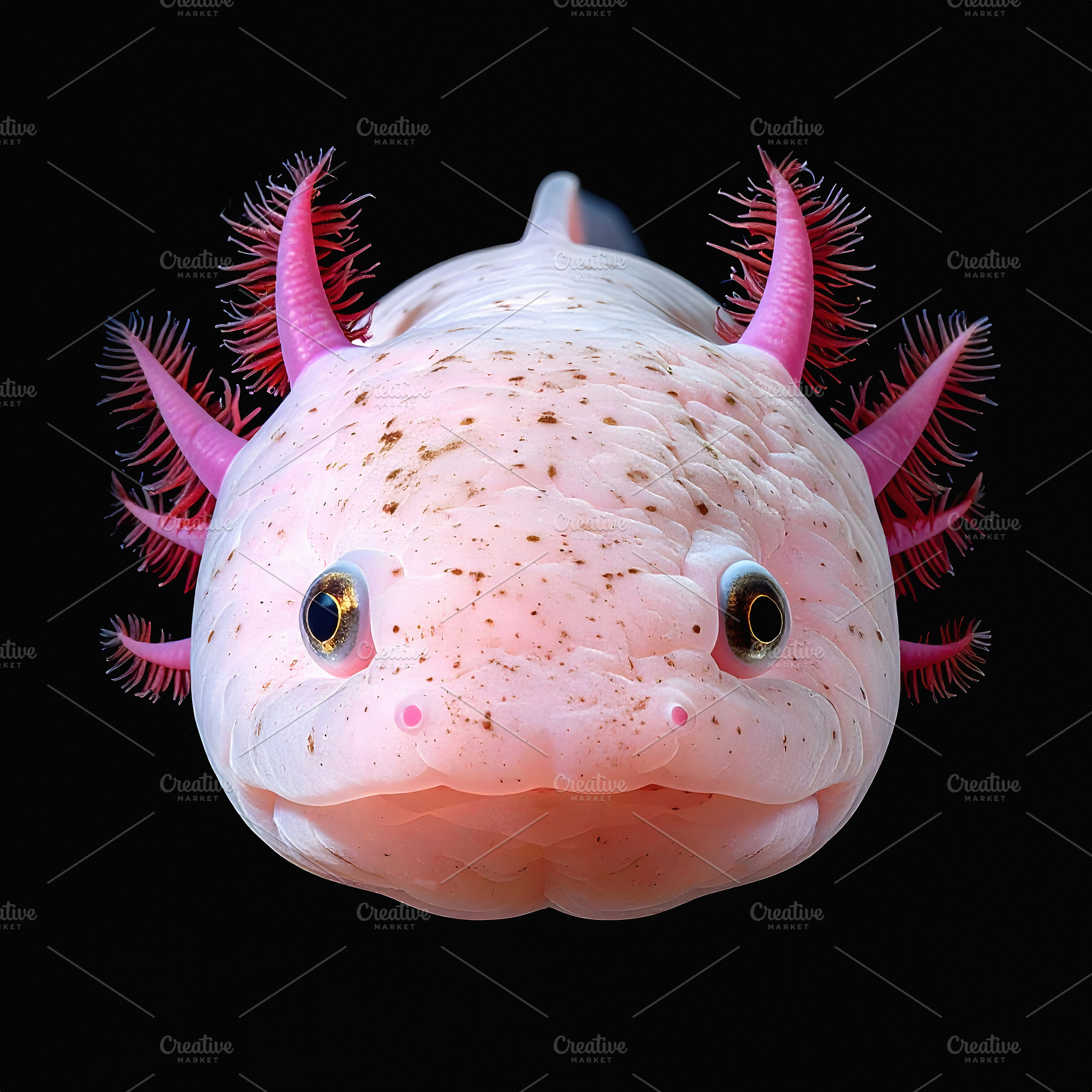 Bright pink axolotl portrait with feathery gills and soft skin, an Animal Photo by GoodGoods