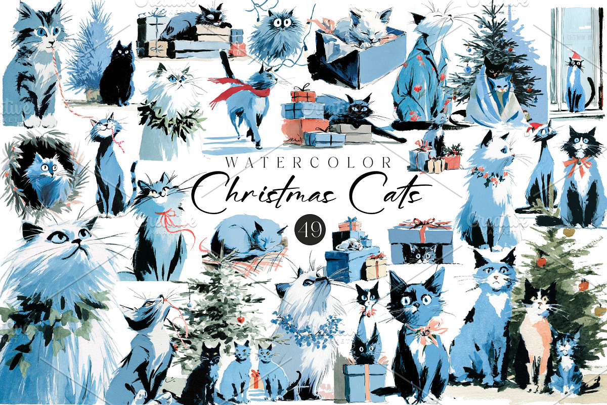 Christmas Cats Holiday Cats Set, an Illustration by CreationArt (Photo 1 of 7)