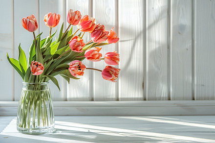 Fresh tulip flowers in vase on wooden background, a Nature Photo by AlyaAnd