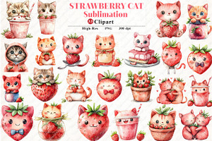 Strawberry Cat Sublimation Clipart, an Illustration by Watercolor design