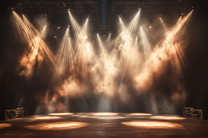 Concert Stage with Warm Amber Spotlights and Fog, an Abstract Photo by Natalia Klenova's Shop