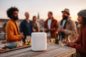 Perfect mockup of blank label on speaker at sunset gathering with friends outdo, a Photo by AlyaAnd