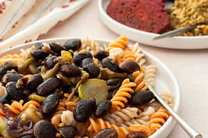 Gluten-free pasta with baked beans, a Food & Drink Photo by Pundateam