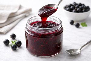 Black currant jam being spooned from, a Photo by Dvoevnore photos