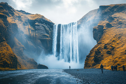 Majestic waterfall plunges into a mi, a Background Photo by Pixeness
